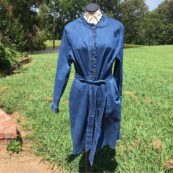 Biden Ruffle Collar & Trim Button Down Denim Shirt Dress Sz 16R - Picture 10 of 10